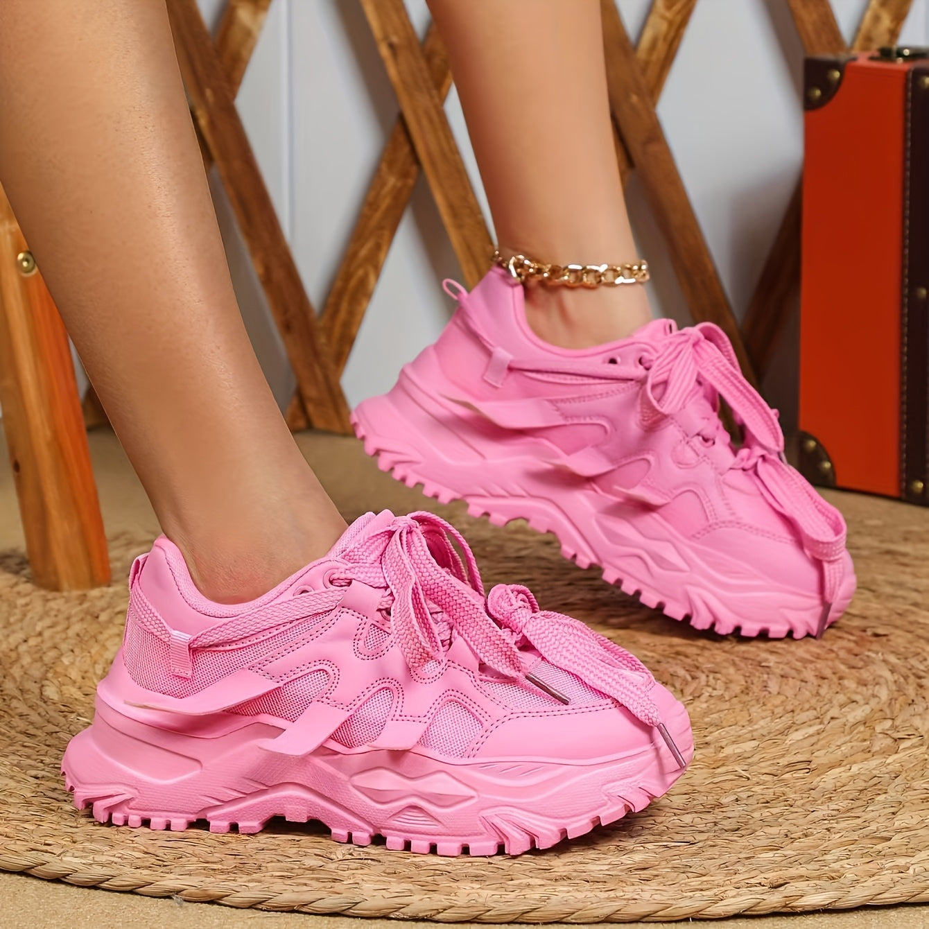 Chunky High-Top Sneakers for Women - Pink Breathable Mesh Dad Walking Shoes with Cushioned EVA Sole, Comfortable & Stylish for Casual Outings & Light Activities, Light Activity Footwear | Stylish Hightops | Sneakers, Ladies S